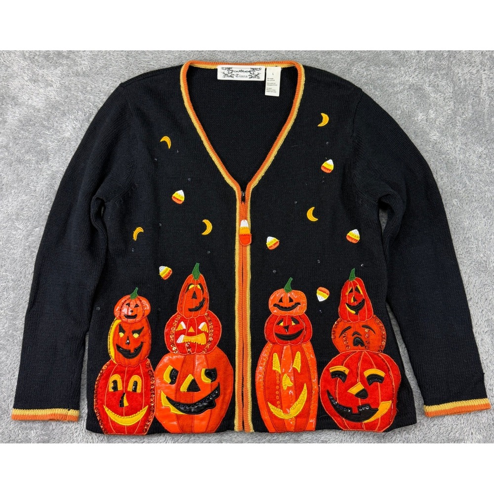 Vintage Halloween Sweater Cardigan Large Tiara International Pumpkin Light Up!
